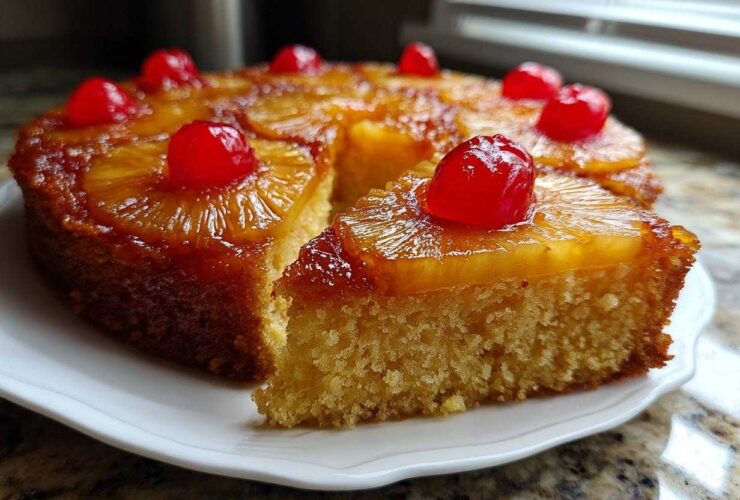 A slice cut from a moist pineapple upside down cake, topped with caramelized pineapple rings and maraschino cherries.