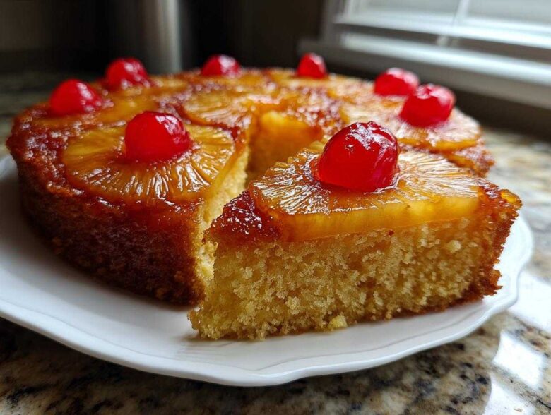 A slice cut from a moist pineapple upside down cake, topped with caramelized pineapple rings and maraschino cherries.