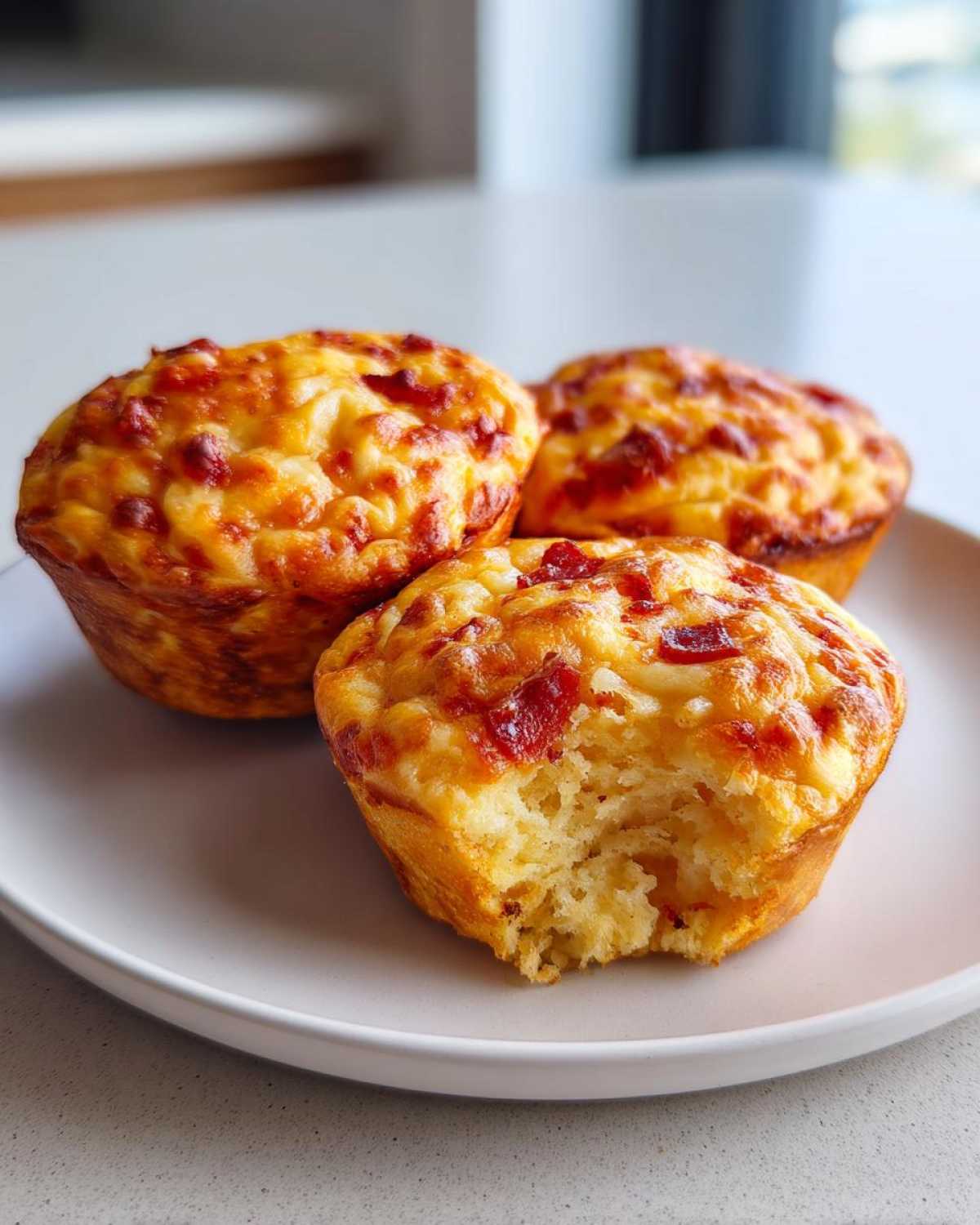 Three golden-brown pizza muffins on a white plate, one has a bite taken out showing the fluffy interior.