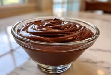 A close-up of rich, glossy homemade chocolate pudding swirled in a clear glass serving bowl.