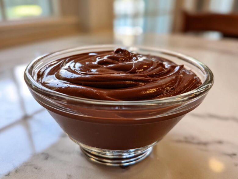 A close-up of rich, glossy homemade chocolate pudding swirled in a clear glass serving bowl.