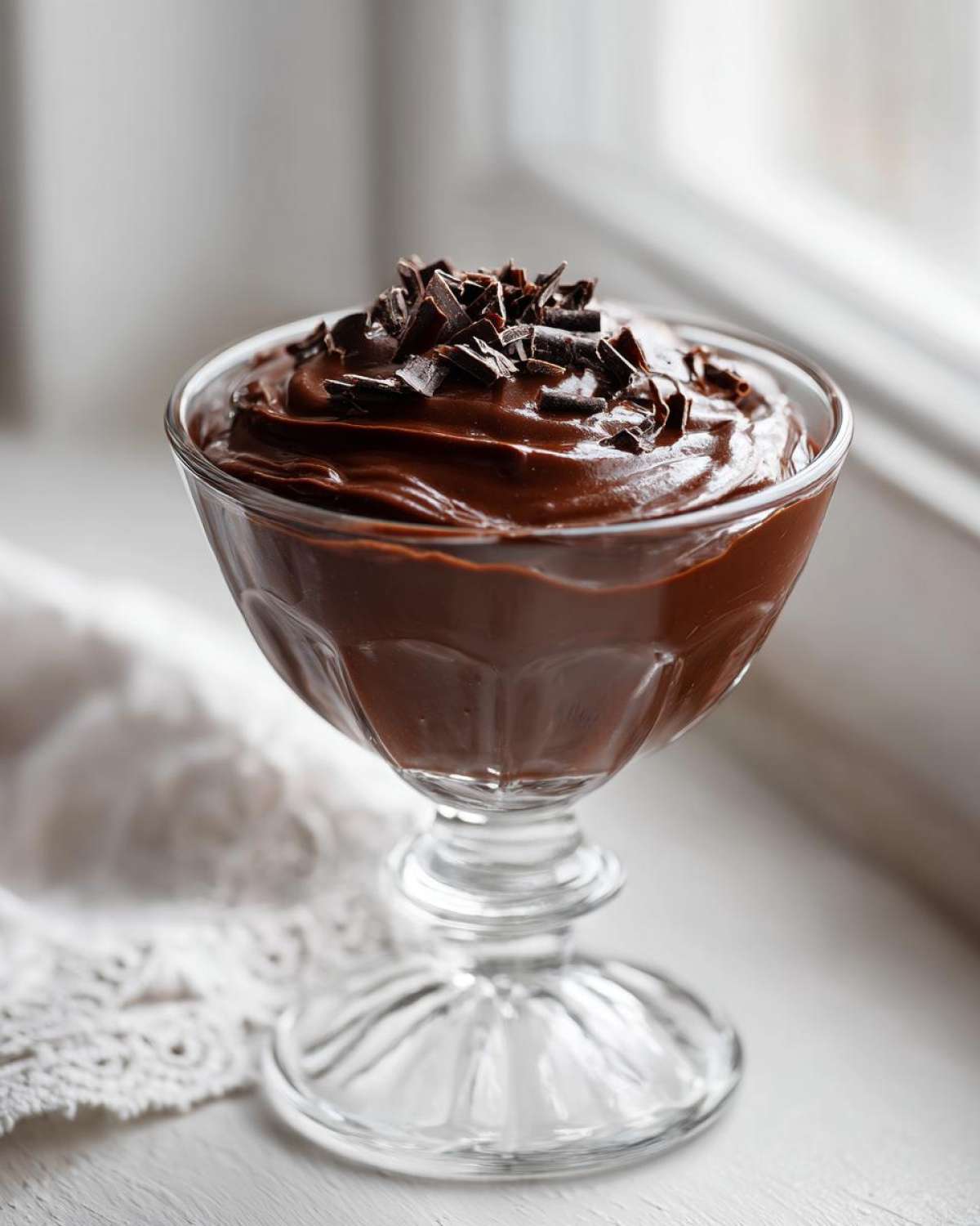 A serving of rich, dark homemade chocolate pudding topped with chocolate shavings in a clear glass dish.