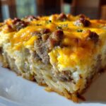 A thick, hearty slice of sausage and cheese egg bake showing layers of hash browns, meat, and melted cheddar cheese.