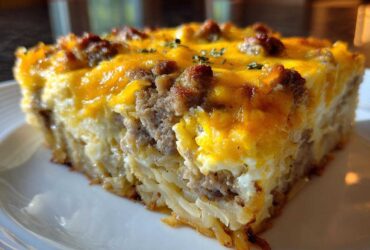 A thick, hearty slice of sausage and cheese egg bake showing layers of hash browns, meat, and melted cheddar cheese.