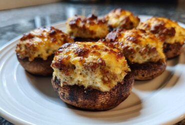 Five baked sausage stuffed mushrooms with a golden, cheesy, browned topping served on a white plate.