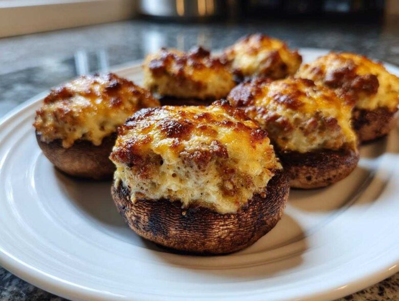 Five baked sausage stuffed mushrooms with a golden, cheesy, browned topping served on a white plate.