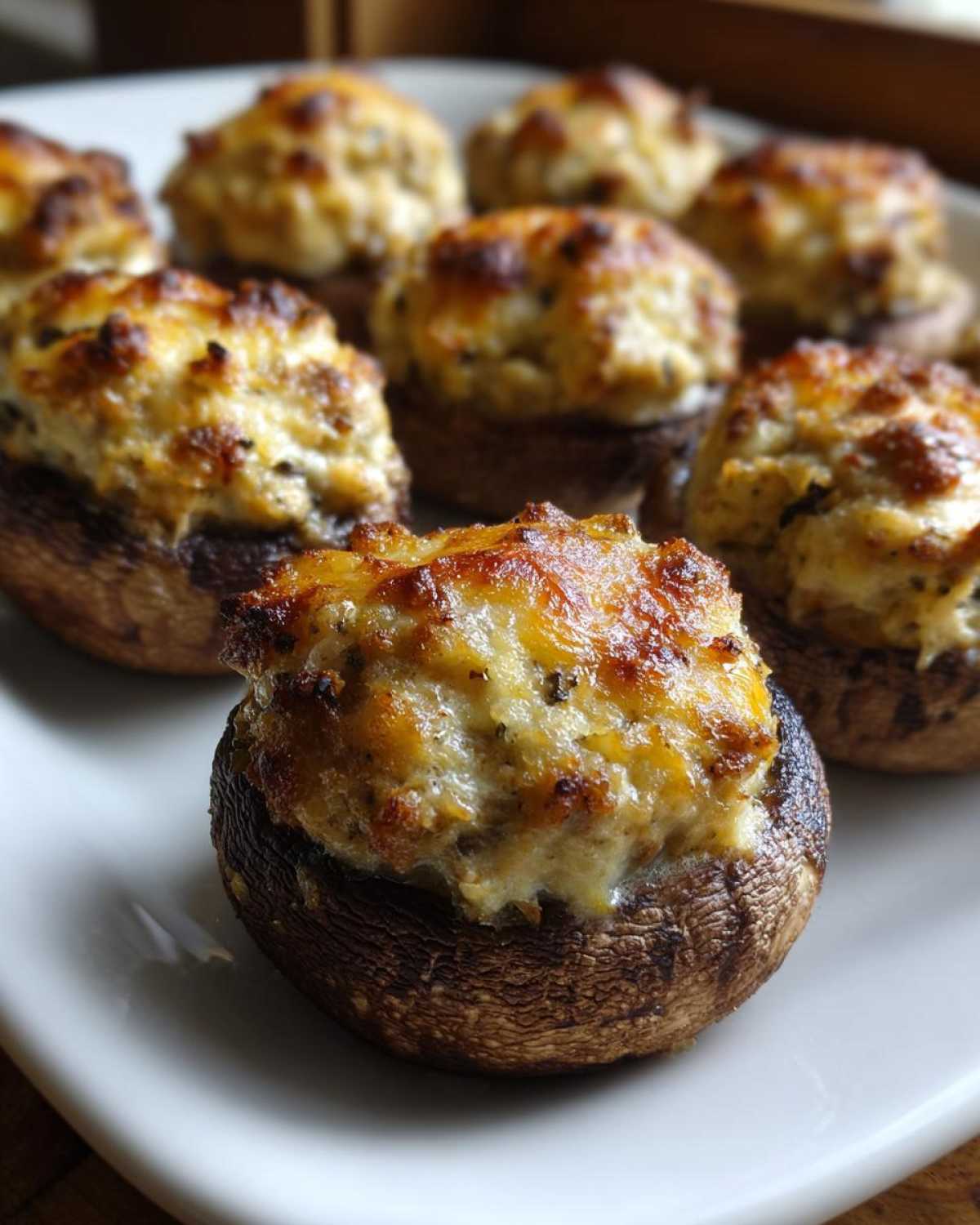 Close-up of several golden-brown, baked Sausage stuffed mushrooms with a cheesy, browned topping served on a white platter.