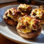 Four baked sausage stuffed mushrooms topped with melted, browned cheese, served on a white plate.