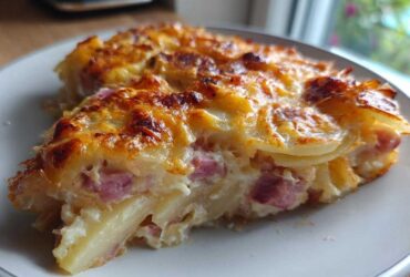 Close-up of a rich, cheesy slice of scalloped potatoes and ham with a golden-brown crust.