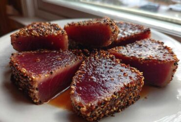 Five thick slices of perfectly Seared Ahi Tuna, crusted with sesame seeds, resting on a white plate.