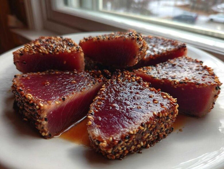 Five thick slices of perfectly Seared Ahi Tuna, crusted with sesame seeds, resting on a white plate.