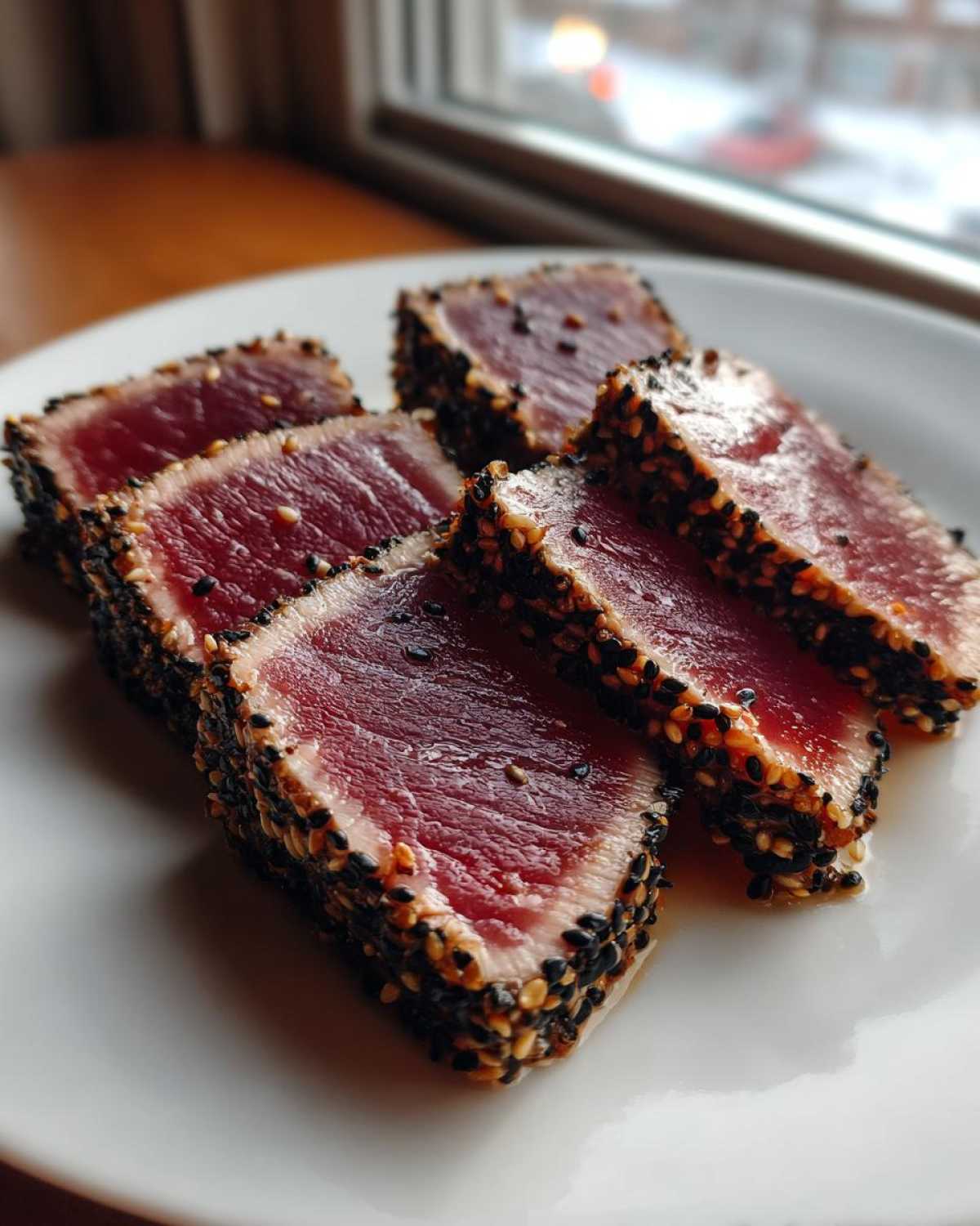 Five slices of perfectly seared ahi tuna, crusted with black and white sesame seeds, showing a rare, deep red center.