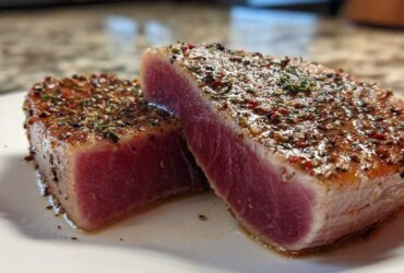 Two thick slices of seared tuna steak, showing a deep pink rare center and a heavily seasoned crust, perfect for MARINADE FOR TUNA STEAK.