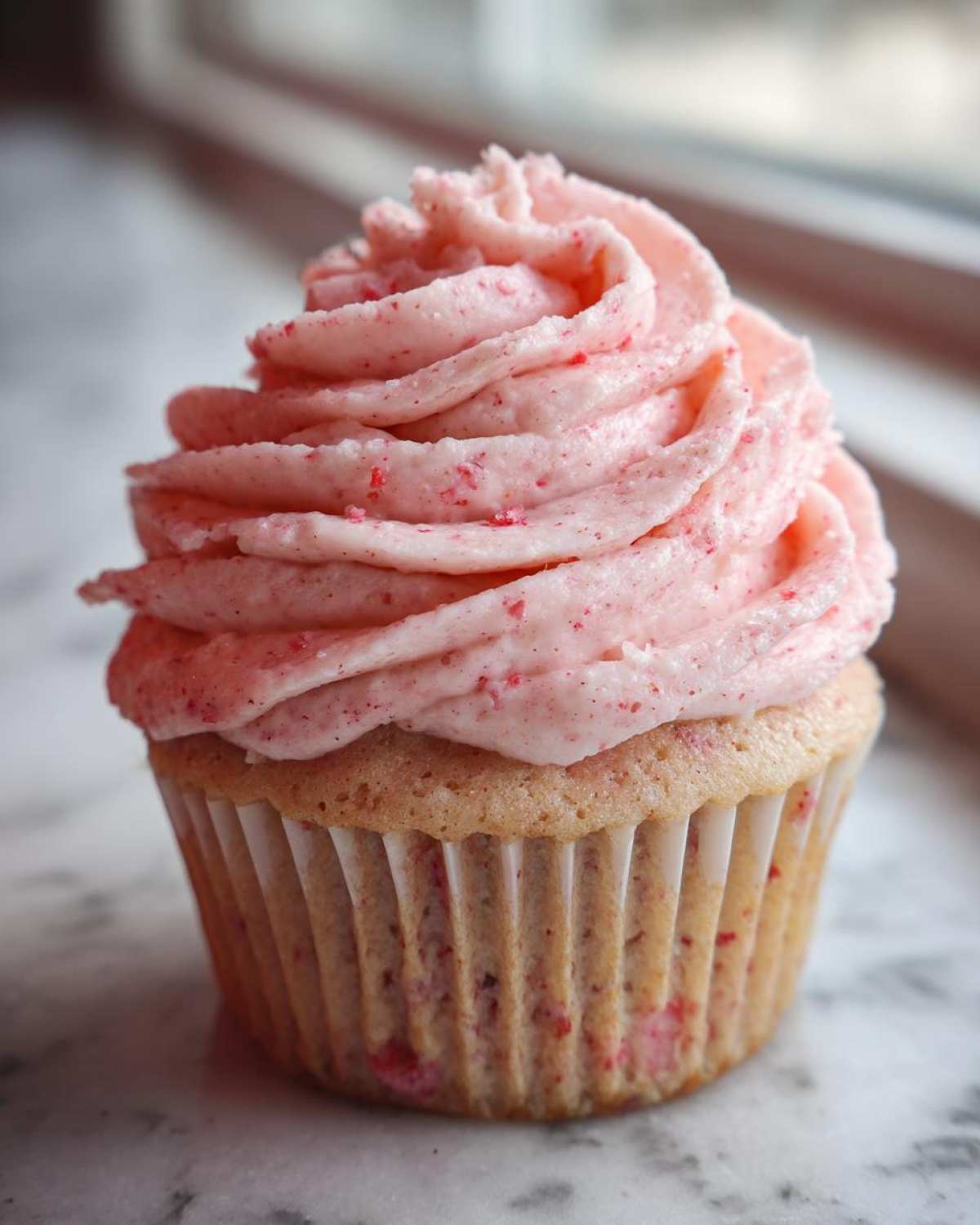A single, perfectly frosted strawberry cupcake with pink, speckled buttercream sitting on a marble surface.