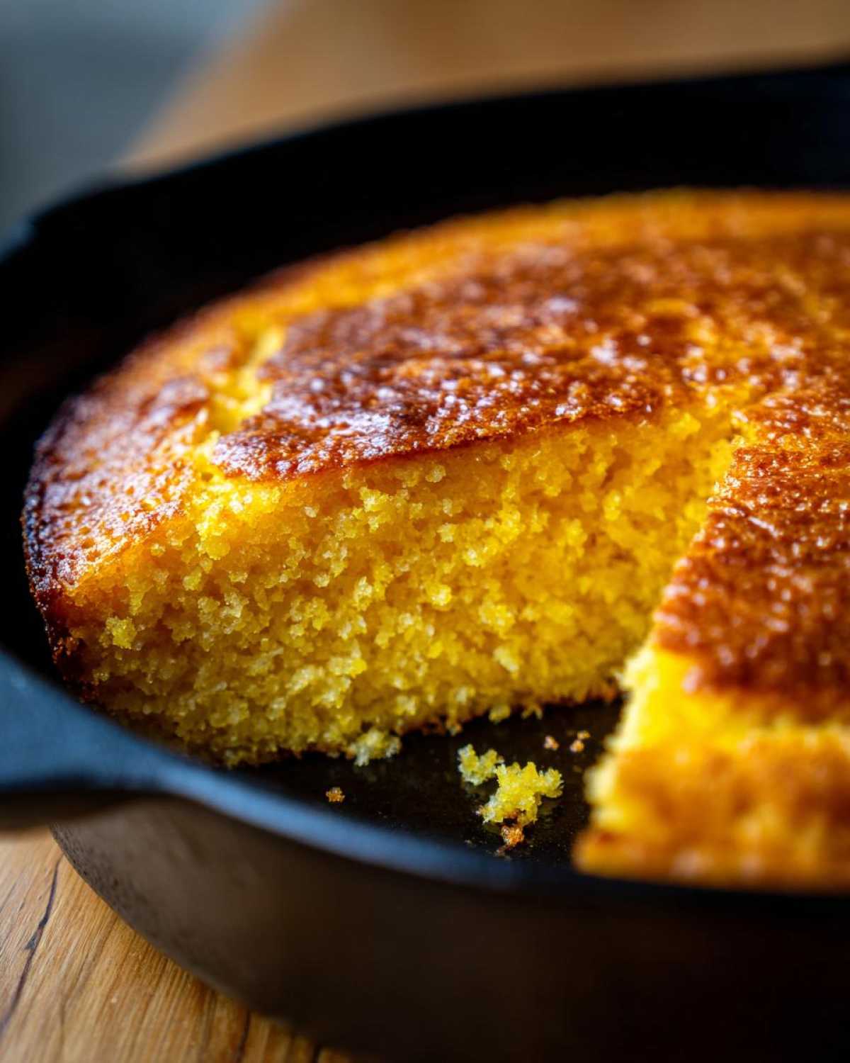 Close-up of golden brown skillet cornbread with a slice cut out, showing the moist crumb texture.