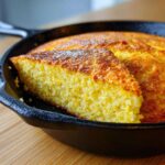 A close-up of a golden, moist slice of skillet cornbread with a perfectly browned crust, resting in the black cast iron pan.
