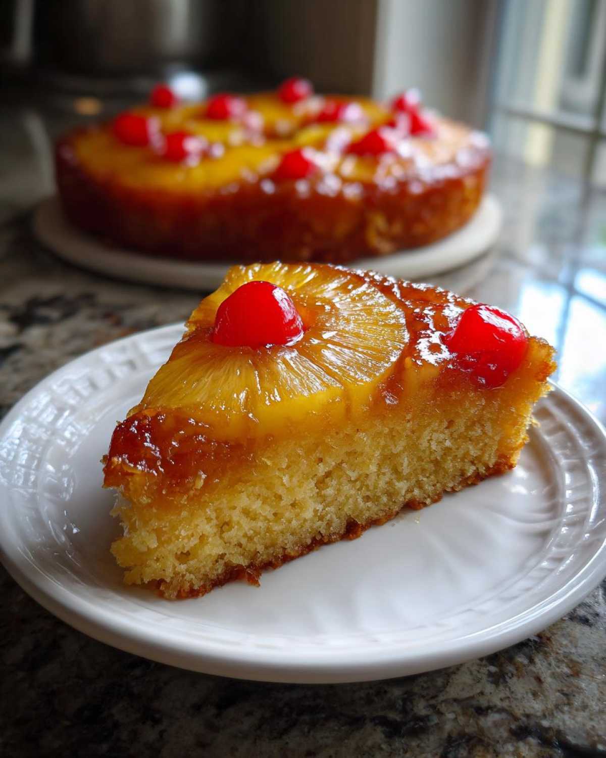 A close-up of a slice of pineapple upside down cake with caramelized topping and a maraschino cherry.