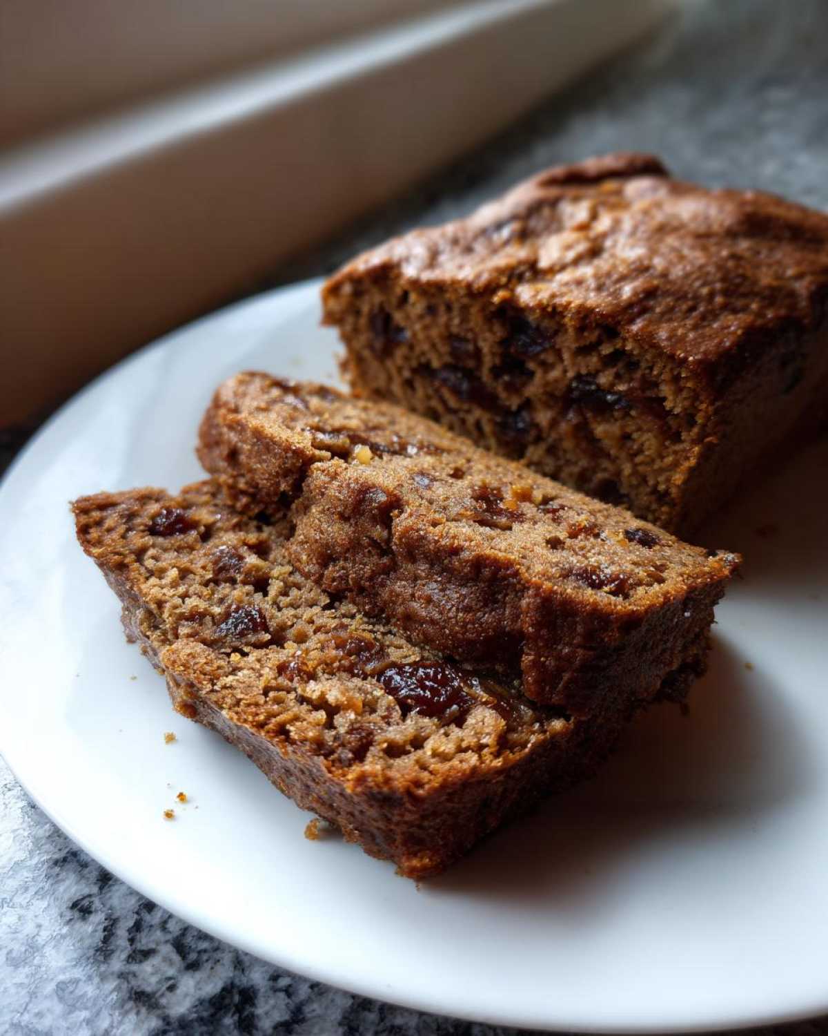 Close-up of sliced date nut bread showing moist texture and visible dried fruit pieces on a white plate.