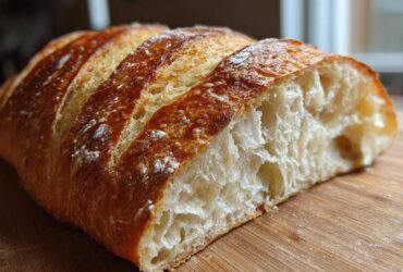 Close-up of a freshly baked french bread loaf showing the golden crust and airy interior crumb structure.