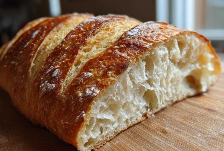 Close-up of a freshly baked french bread loaf showing the golden crust and airy interior crumb structure.