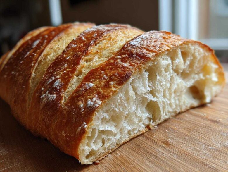 Close-up of a freshly baked french bread loaf showing the golden crust and airy interior crumb structure.