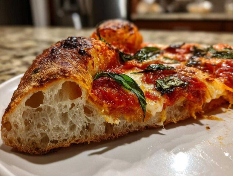 Close-up cross-section showing the airy, open crumb structure of a pizza made with sourdough discard pizza dough.