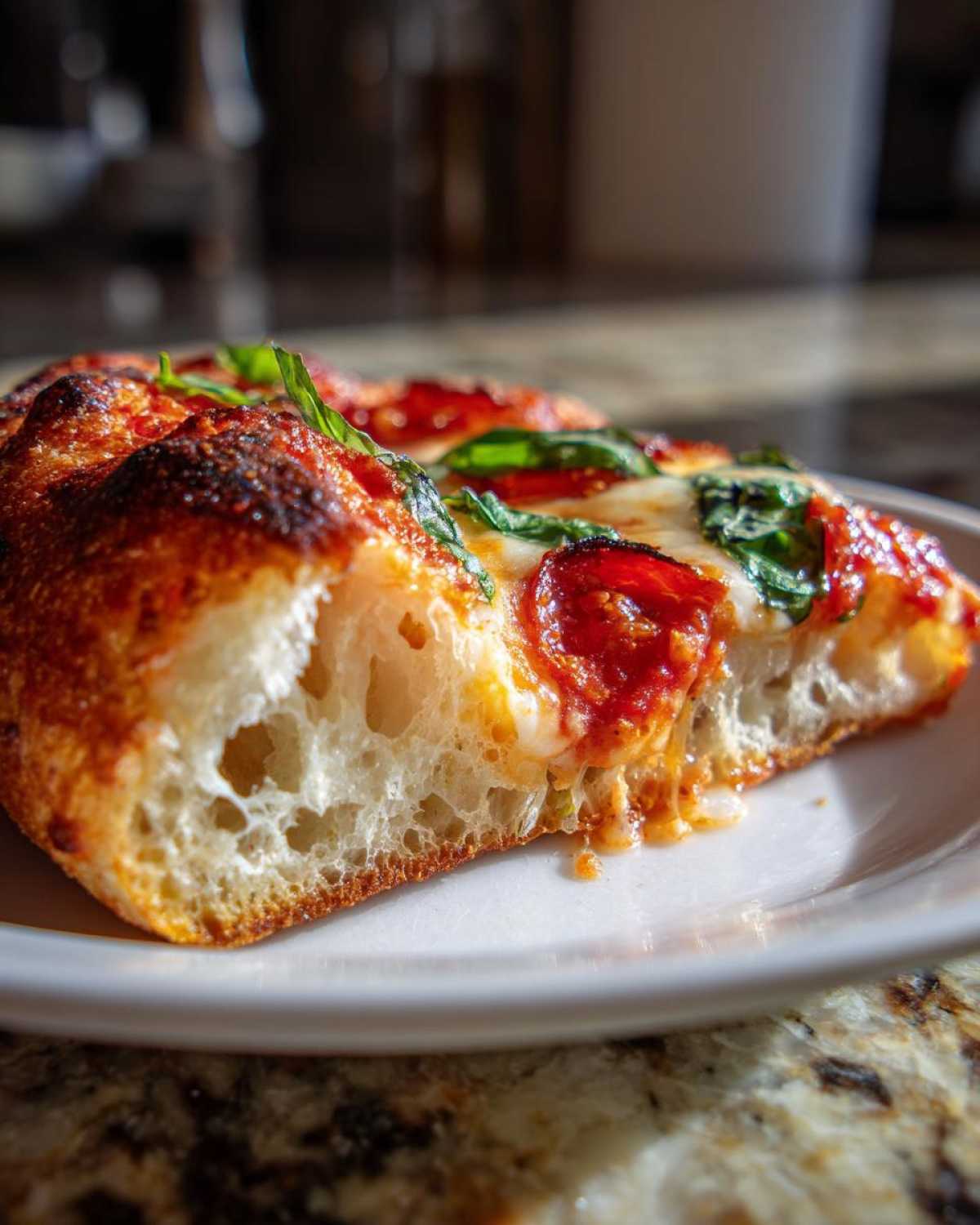 Close-up of a slice of pizza made with sourdough discard pizza dough, showing airy crust and pepperoni.
