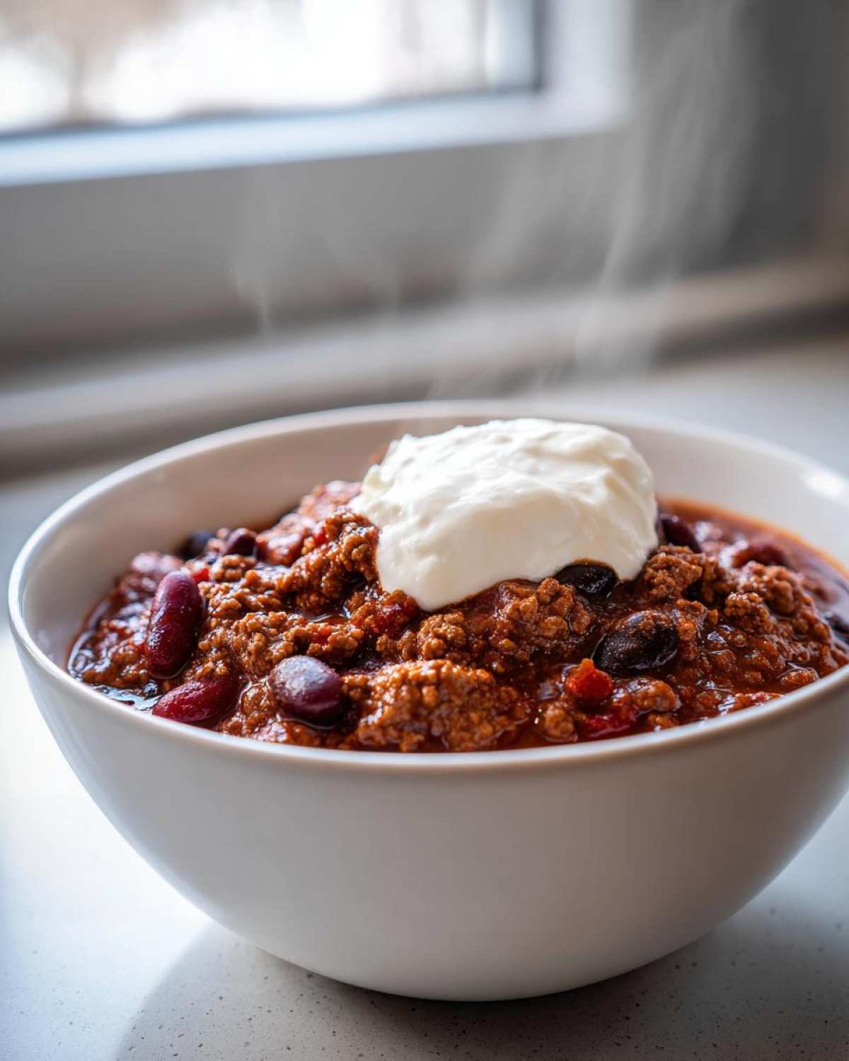 A close-up of a steaming white bowl filled with rich crockpot chili topped with a dollop of sour cream.