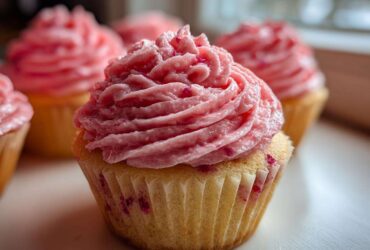 A close-up of a freshly baked strawberry cupcake topped with vibrant pink strawberry frosting, with more strawberry cupcakes blurred in the background.