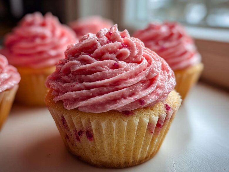 A close-up of a freshly baked strawberry cupcake topped with vibrant pink strawberry frosting, with more strawberry cupcakes blurred in the background.