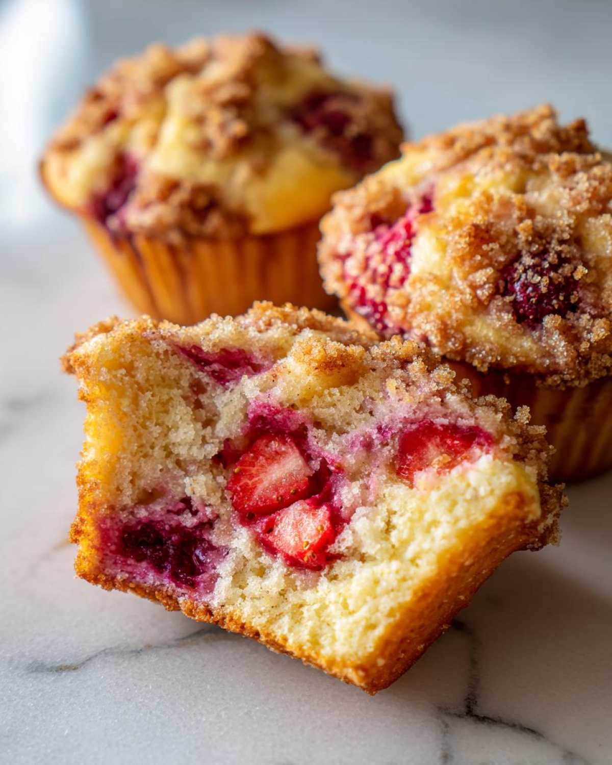 Close-up view of a halved strawberry muffin showing moist interior filled with fresh strawberries and topped with brown sugar crumble.