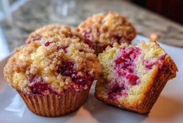 Close-up of delicious strawberry muffins with a crumb topping, one cut open showing the bright red fruit inside.