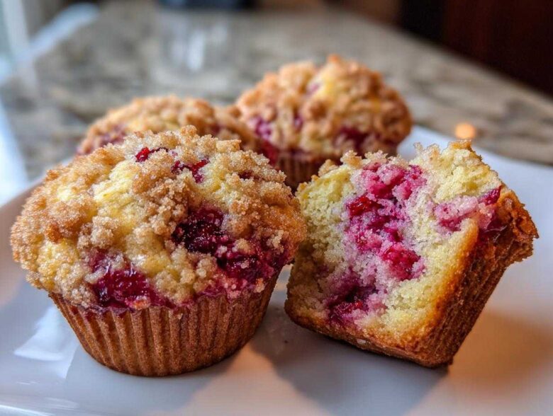 Close-up of delicious strawberry muffins with a crumb topping, one cut open showing the bright red fruit inside.