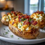 Close-up of delicious twice baked potatoes stuffed with creamy filling, topped with crispy bacon and fresh chives.
