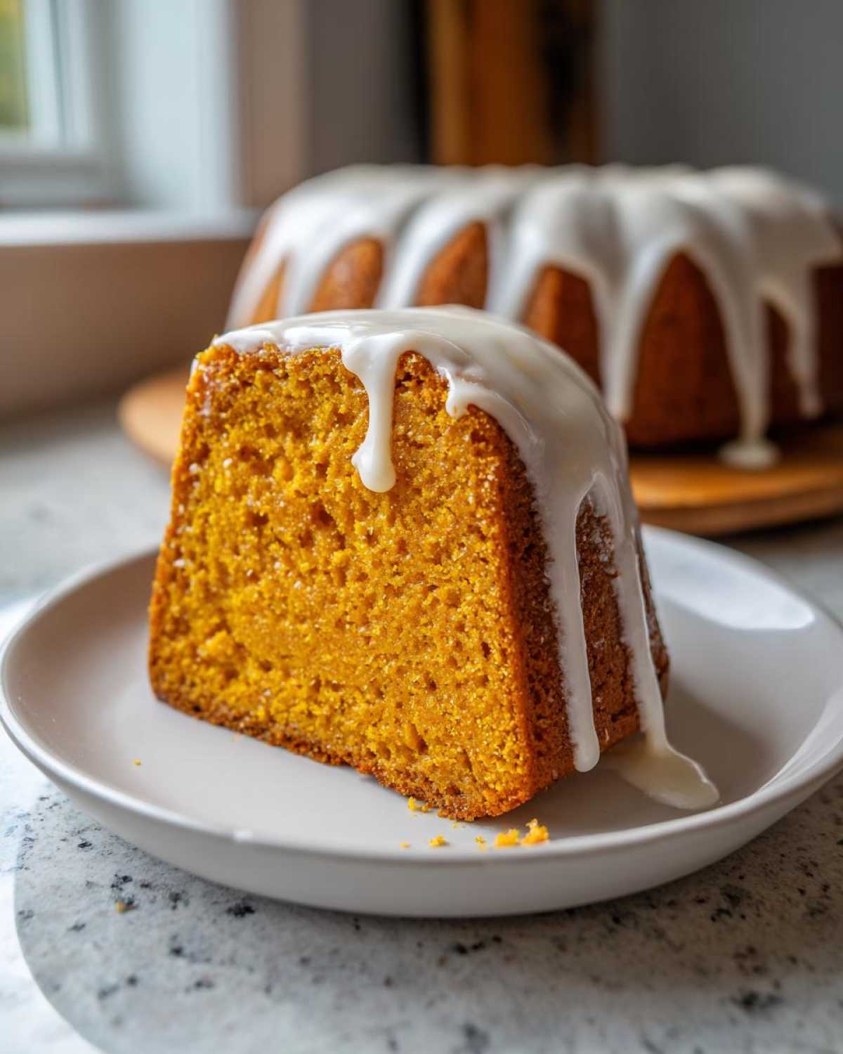 A close-up of a slice of vibrant orange sweet potato pound cake topped with thick white vanilla glaze.