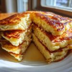 A stack of incredibly fluffy pancakes cut in half, showing the airy interior and golden-brown tops drizzled with syrup.
