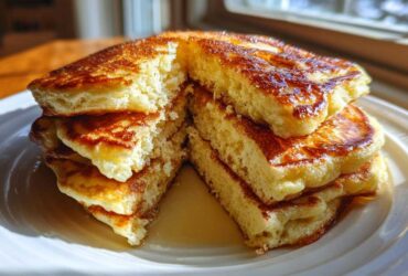 A stack of incredibly fluffy pancakes cut in half, showing the airy interior and golden-brown tops drizzled with syrup.