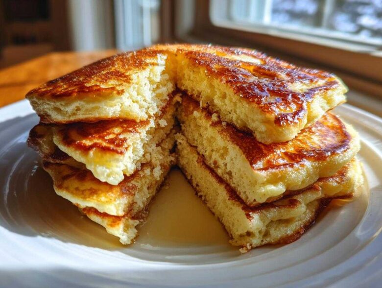 A stack of incredibly fluffy pancakes cut in half, showing the airy interior and golden-brown tops drizzled with syrup.