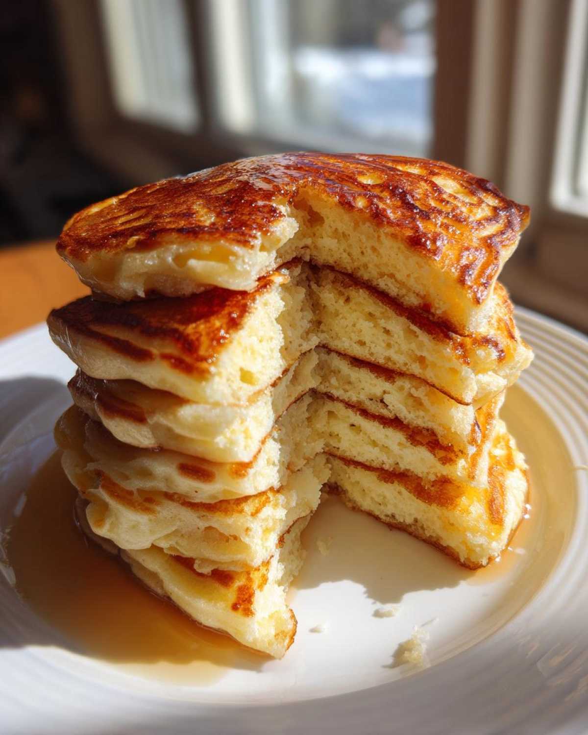 A tall stack of six fluffy pancakes, cut open to show the airy interior, drizzled with syrup.