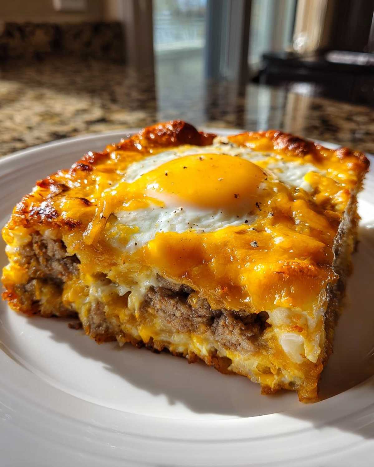 A close-up slice of tater tot breakfast casserole topped with melted cheese and a sunny-side-up egg.
