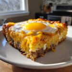 A square slice of tater tot breakfast casserole topped with melted cheese and a sunny-side-up egg.