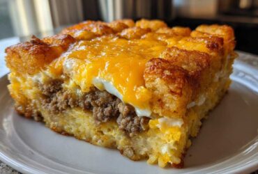 A square slice of tater tot breakfast casserole featuring layers of crispy tater tots, sausage, and melted cheddar cheese.