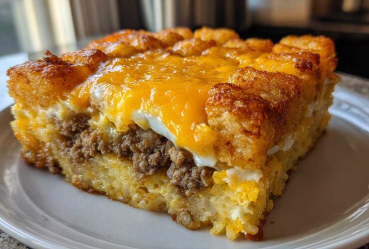 A square slice of tater tot breakfast casserole featuring layers of crispy tater tots, sausage, and melted cheddar cheese.