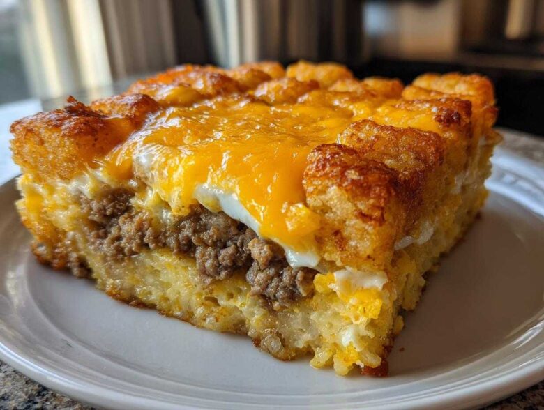 A square slice of tater tot breakfast casserole featuring layers of crispy tater tots, sausage, and melted cheddar cheese.
