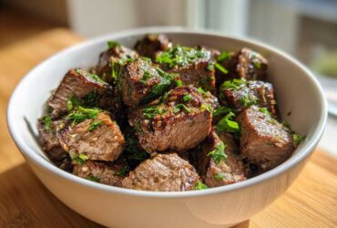 A white bowl filled with tender, browned crockpot steak bites seasoned and topped with fresh chopped parsley.