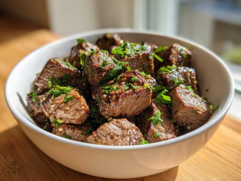 A white bowl filled with tender, browned crockpot steak bites seasoned and topped with fresh chopped parsley.