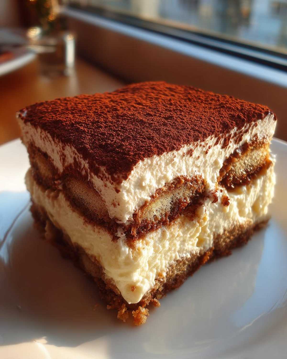 A close-up, sunlit slice of creamy tiramisu recipe dusted heavily with cocoa powder.