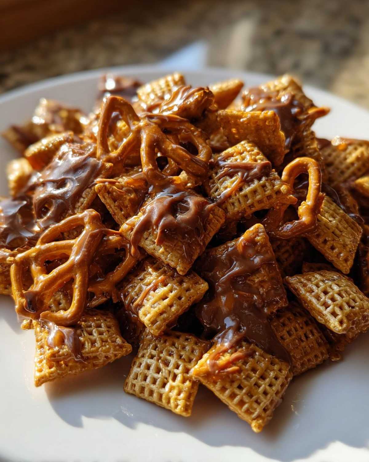 Close-up of a pile of crunchy toffee chex mix recipe pieces coated in gooey caramel or toffee sauce, mixed with small pretzels.