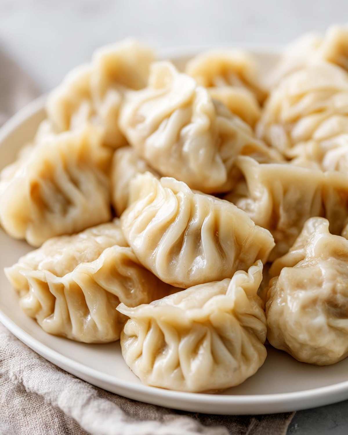 Close-up of a white plate piled high with freshly steamed Traditional Chinese Dumplings, showing pleated wrappers.