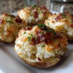 Four servings of delicious twice baked potatoes, loaded with cheese, bacon bits, and chives, served on a white plate.